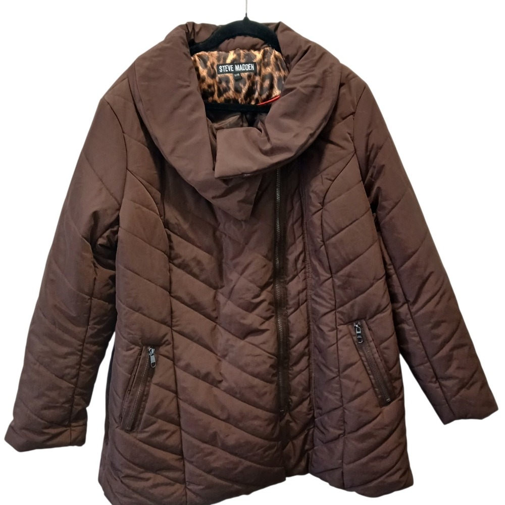 Steve Madden Womens Puffer Jacket XL Brown Chevron Quilted Full Zip Coat Leopard